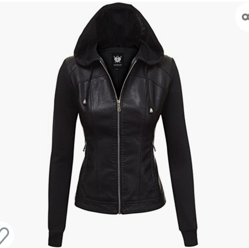 NWT Lock and Love Women's Removable Hooded Faux Leather Moto Biker Jacket